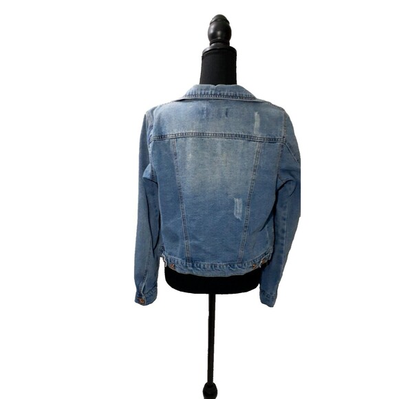 Cisono Denim Jacket Women's Medium   Blue Solid Long Sleeves distressed #1 - Picture 2 of 8